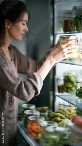 Young woman organizing fresh vegetables and pickled foods in glass jars inside a modern refrigerator. She carefully arranges healthy ingredients for meal prep and storage