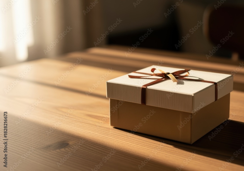Fototapeta premium A small, closed gift box with a ribbon sits on a wooden table, illuminated by sunlight.