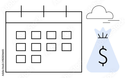 Calendar and money bag with dollar sign conveying time, money management, and financial planning. Ideal for budgeting, saving, economic concepts, scheduling, investments, small business strategies