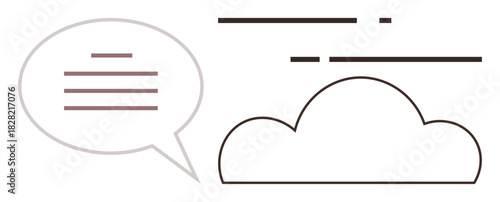 Minimalist representation of cloud and speech bubble with lines as text. Ideal for communication, data storage, technology, collaboration, information sharing, networking, simple flat metaphor