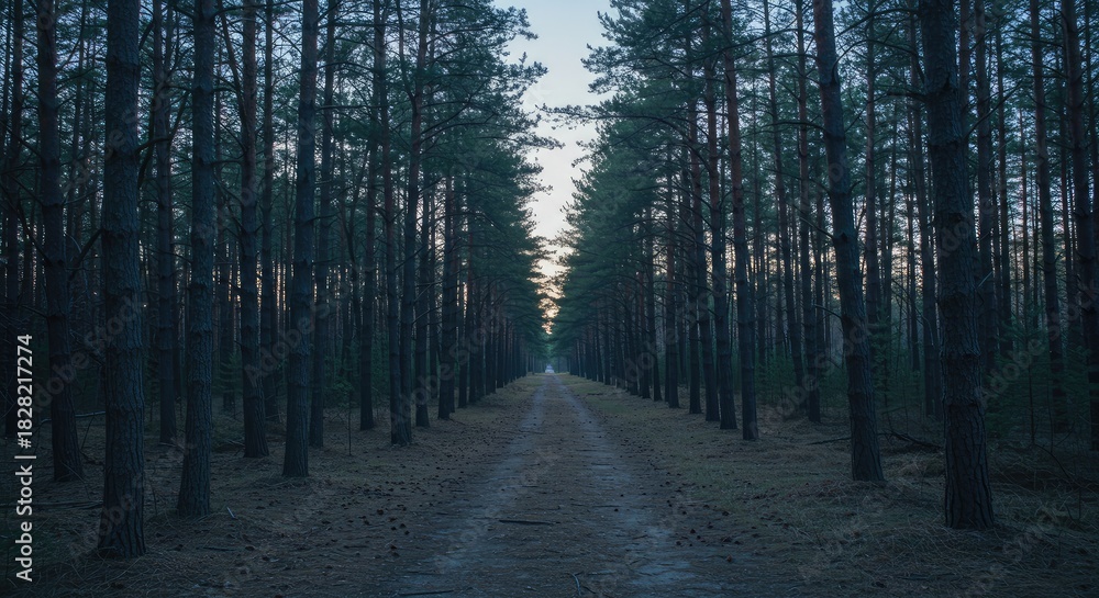 Fototapeta premium A path through a dense pine forest at twilight