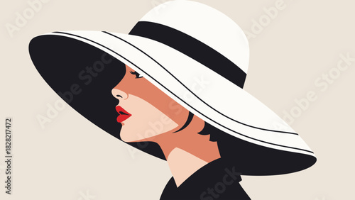 Elegant woman in sunhat, vintage style fashion illustration for summer promotions or sophisticated branding, exudes confidence and timeless appeal