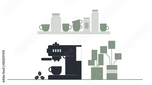 Modern home coffee station with espresso machine, coffee beans, plants, and storage jars for a cozy, minimalist kitchen vibe, perfect for lifestyle blogs
