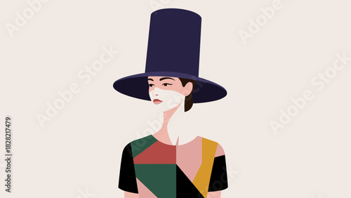 Elegant woman wearing a dramatic wide brim hat with a geometric pattern shirt, perfect for fashion blogs, editorial layouts, or modern design projects