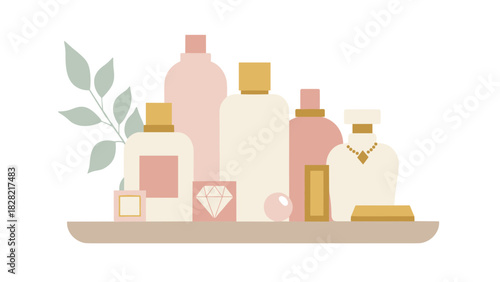Elegant beauty products and accessories arranged on a shelf, perfect for a spa day or luxurious self care routine, originally designed as scalable vector art