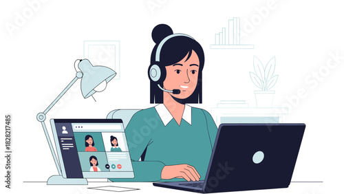 Professional woman in virtual meeting, seamless online collaboration, modern office setup, remote work solutions, communication technology, vector design