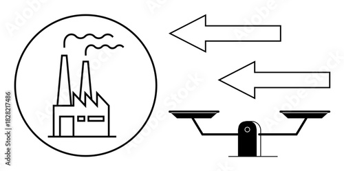 Smoking factory with two arrows indicating exchange, paired with a balance scale representing trade-offs, equality, or industry vs. environmental ethics. Ideal for industry, economy, sustainability
