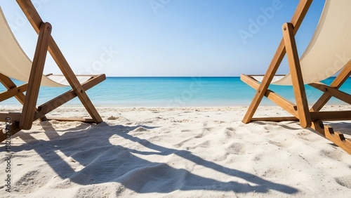 Empty beach chairs on a serene tropical beach with clear blue water and sky.