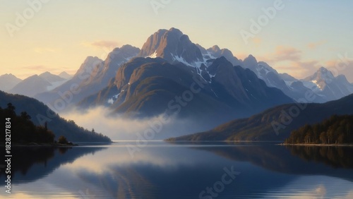 Wallpaper Mural Serene mountain lake reflection at golden hour with soft mist. Torontodigital.ca