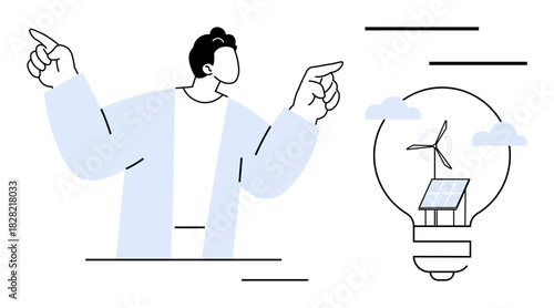 Individual pointing at light bulb containing solar panels and wind turbine, symbolizing renewable energy. Ideal for energy innovation, sustainability, green technology, eco solutions, creative ideas
