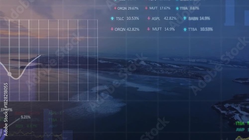 Aerial islands and sea holding center after one second while HUD fading in, graphs plotting metrics