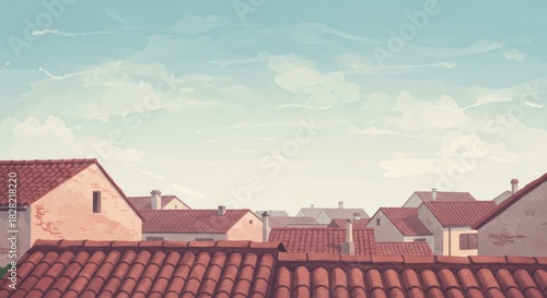 Fototapeta Naklejka Na Ścianę i Meble -  A picturesque, stylized view of a European-style town.  Gentle light and soft colors