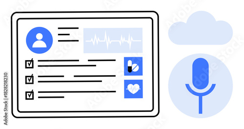 Digital health record with user details, checklist, heart rate graph, medical icons, cloud, and microphone. Ideal for healthcare, technology, telemedicine medical apps remote care innovation