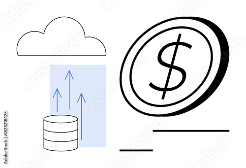 Cloud above data storage with upward arrows next to a large coin depicting financial growth. Ideal for technology, cloud computing, finance, online storage, investment, digital transformation, simple