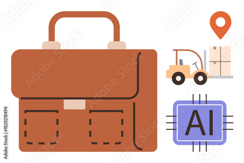 Brown briefcase, AI chip, forklift moving cargo, and location pin illustrating themes thumbs up logistics, technology, and business. Ideal for automation, management, innovation global trade
