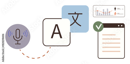 Microphone, character icons, browser page, analytics chart, seamless communication. Ideal for translation, transcription, global business, learning technology AI solutions simple flat metaphor