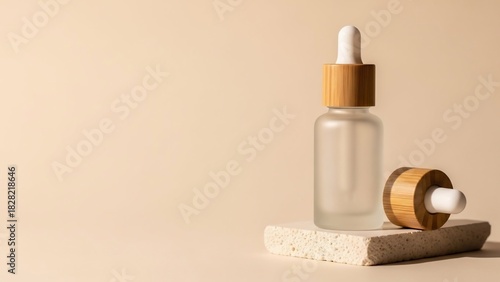 Frosted cosmetic dropper bottle and bamboo cap on a natural stone.
