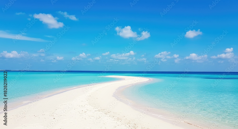Fototapeta premium A pristine white sand beach pathway leads into a turquoise ocean under a vibrant blue sky