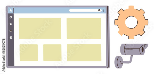 Webpage layout alongside a security camera and gear icon conveys monitoring, system settings, and digital security. Ideal for cybersecurity, data monitoring, user interface, surveillance, technology