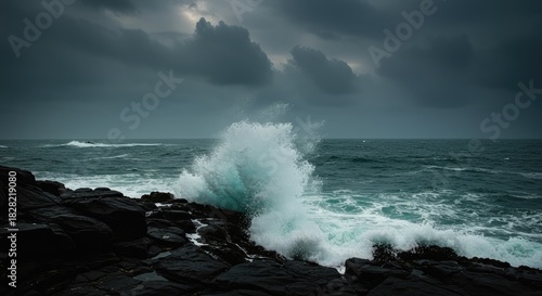 Fototapeta Naklejka Na Ścianę i Meble -  A powerful wave crashes against dark rocks on a stormy sea