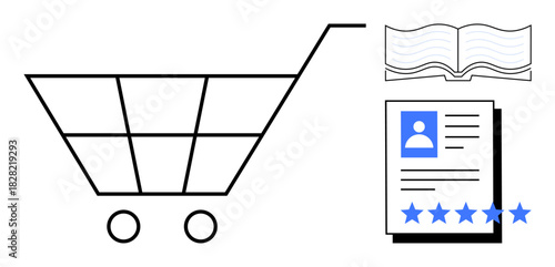 Shopping cart with open book and user profile document featuring five-star ratings. Ideal for e-commerce, online shopping, customer reviews, digital marketing, product ratings, consumer feedback
