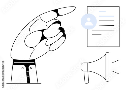 Hand gesture indicating focus, a user profile document, and a megaphone suggesting selection, announcements, or communication. Ideal for recruitment, selection, outreach, communication strategy