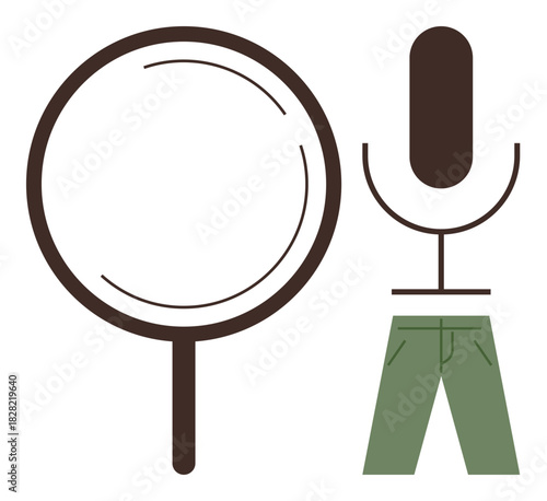 Minimalist design with magnifying glass, microphone, and green pants symbolizing investigation, communication, and simplicity. Ideal for research, media, discovery, creativity individuality voice