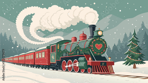 Vintage steam engine hauling a freight train on a snowy railway track with Santa Claus aboard the antique locomotive
