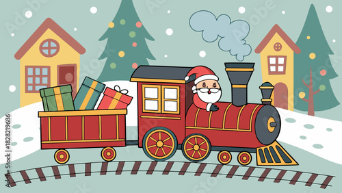 Christmas vector illustration of a cartoon toy steam train and a car traveling through a snowy city