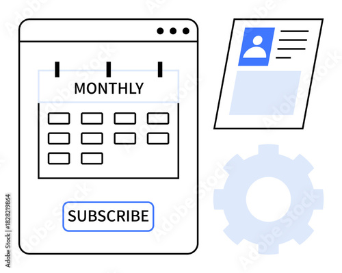 Subscription concept. A monthly calendar for subscription plans, user profile data, subscribe button, and settings gear. Subscription plans for services, memberships, apps, or platform users