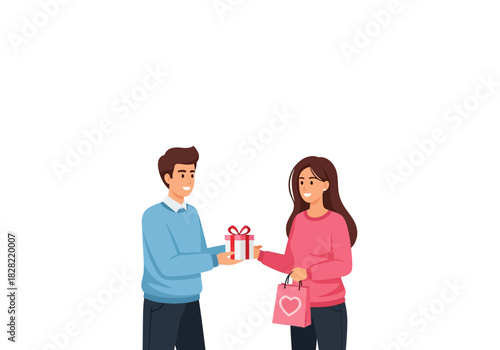 Romantic Couple Exchanging Gifts on Valentine's Day with Heart Shopping Bag and Gift Box 