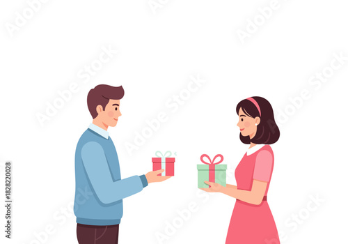 Happy Smiling Couple Exchanging Valentine Gifts with Red and Green Gift Boxes