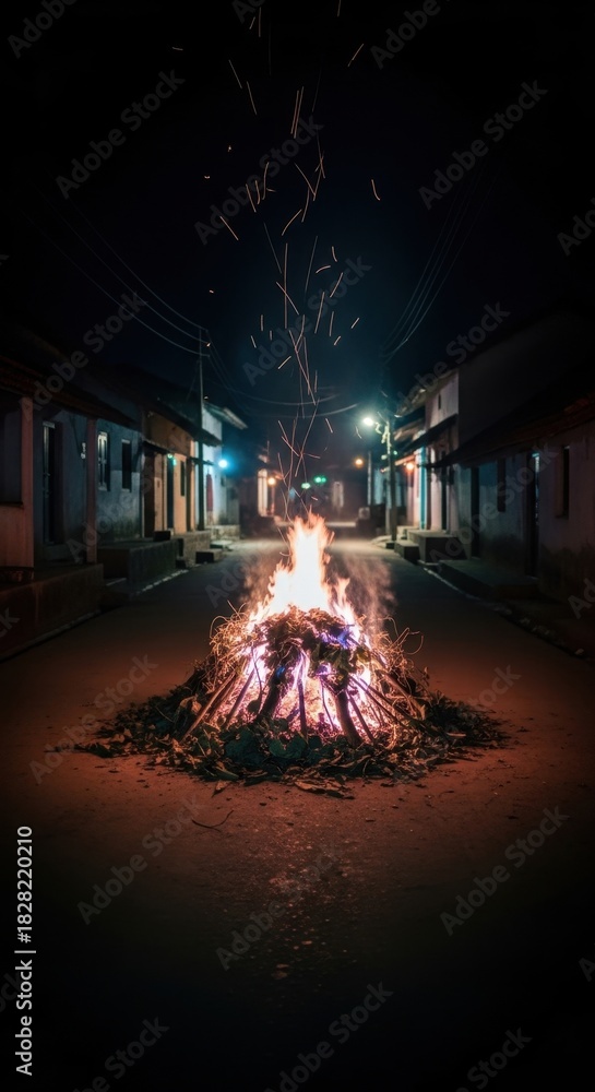 Fototapeta premium Burning bonfire on the street at night with sparks flying, celebration concept, outdoors.