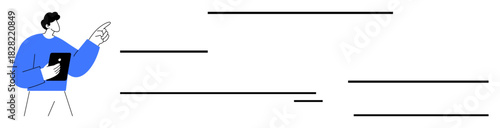 Man in blue sweater holding tablet, gesturing to horizontal abstract lines. Ideal for analytics, presentations, teamwork, planning, consulting, education leadership. Simple flat metaphor