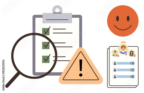 Magnifying glass over checklist, warning sign, happy face, leaderboard with user scores. Ideal for task execution, quality control, evaluation, customer feedback, priority settings success metrics