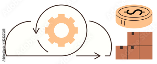 Cloud, cogwheel, boxes, and coin visualizing supply chain management, logistics, financial flow, and automation. Ideal for business technology workflow efficiency connectivity strategy. Simple