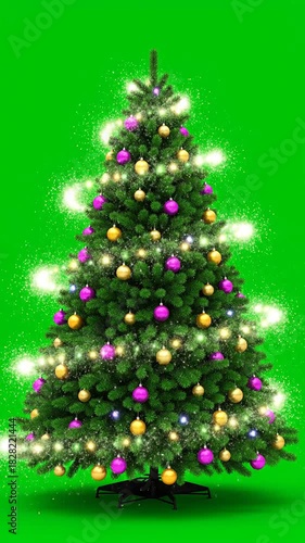 Animated christmas tree with glowing lights and colorful ornaments on chroma key green screen background for holiday projects