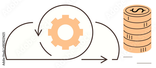 Gear and arrows within a cloud shape beside a stack of coins represent process automation, efficiency, and revenue growth. Ideal for technology, cloud, business, innovation, workflow, finance simple
