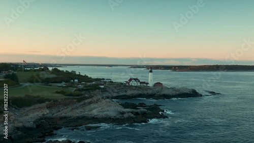 Aerial view of Portland Head Lighthouse at sunset