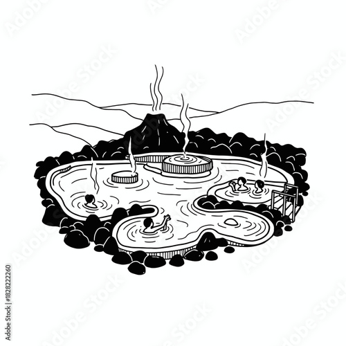 Geothermal Hot Spring Illustration with People and Volcanic Backdrop.