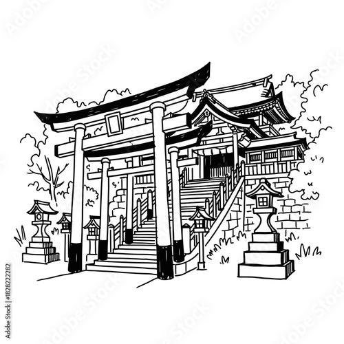 Detailed Line Art of a Traditional Japanese Shrine.