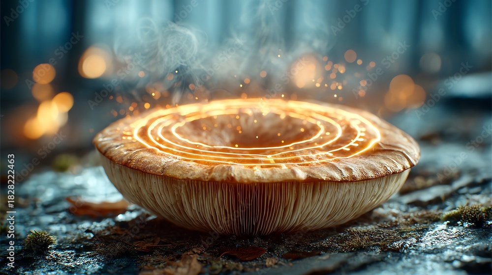 Fototapeta premium A mushroom cap (porcini) with underside gills transformed into concentric neon circuitry