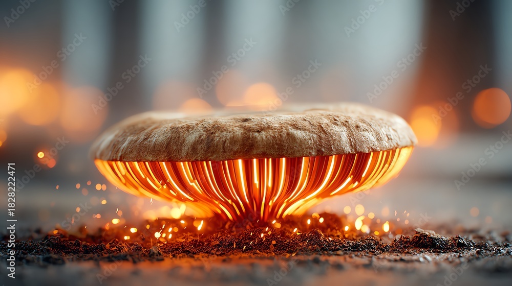 Fototapeta premium A mushroom cap (porcini) with underside gills transformed into concentric neon circuitry