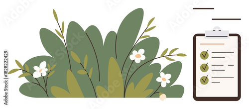 Clipboard with marked checklist alongside lush green foliage and flowers. Ideal for organization, productivity, environment, health, sustainability, natural harmony, and goals. Perfect simple flat