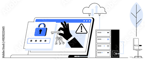 Laptop displaying lock, keys, and warning alert. Cloud upload, servers, and chair nearby emphasize security and technology. Ideal for cybersecurity, internet safety, data protection IT encryption