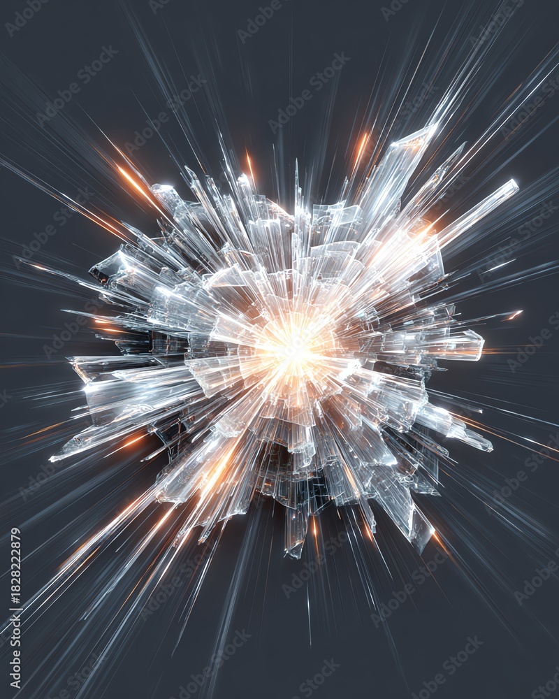 Fototapeta premium Exploding polygonal crystal rendered as radiating wire shards, central bright nexus, dark matte background, dynamic motion streaks, high-energy composition