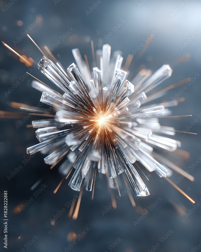 Fototapeta premium Exploding polygonal crystal rendered as radiating wire shards, central bright nexus, dark matte background, dynamic motion streaks, high-energy composition