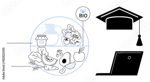 Diverse fruits, vegetables, and bio label highlight healthy eating. Laptop and graduation cap symbolize e-learning, nutrition awareness, knowledge, lifestyle balance, education, personal growth
