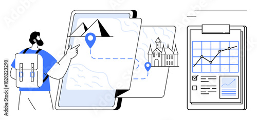 Backpacker pointing at digital maps with landmarks and pins, accompanied by a clipboard for tracking data and progress. Ideal for travel, adventure, planning, navigation, tourism, technology, trip