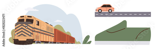 Freight train on tracks, car driving on a road, and sustainable green shoe highlight transportation types. Ideal for transit, mobility, sustainability, choices, ecology, green living comparison